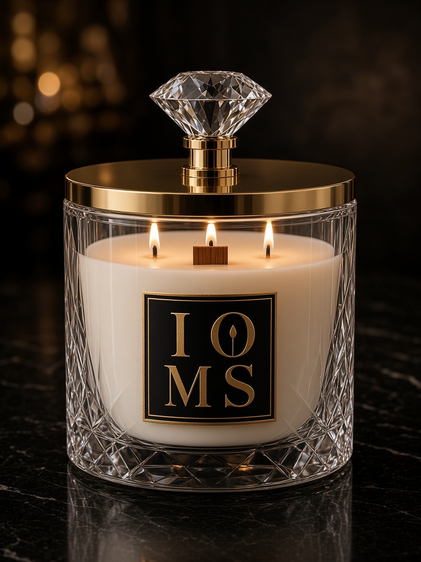 Diamond Cut Grande three thick wooden-wick clear crystal candle with square IOMS mark and a brilliant-cut topper on a raised gold stem.