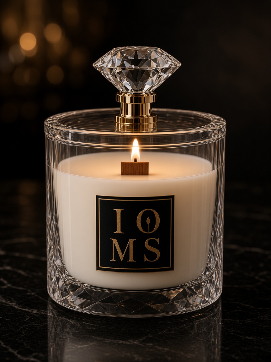 Diamond Cut large clear crystal candle with faceted vessel, thick wooden wick, square IOMS mark, and crystal diamond topper on a raised gold stem.