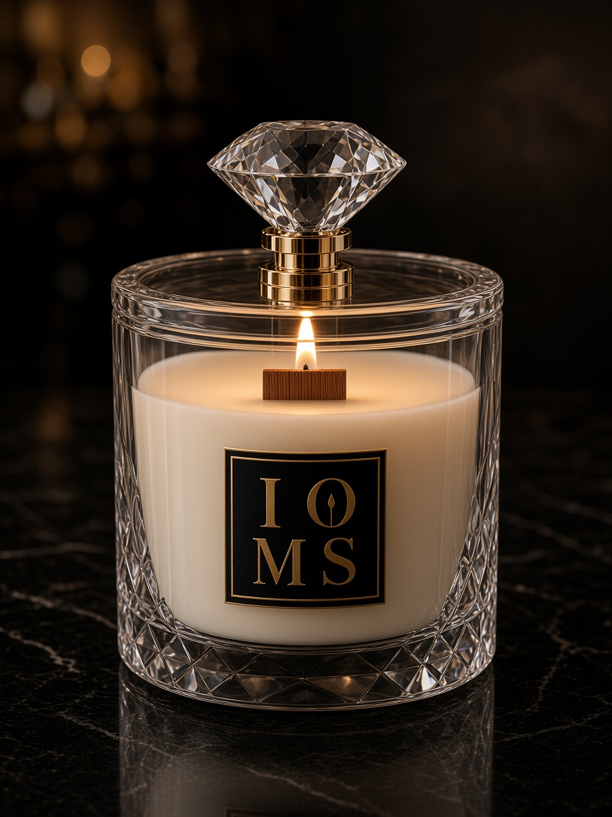 Diamond Cut medium clear crystal candle, thick wooden wick lit, square IOMS mark, crystal topper on a raised gold stem.