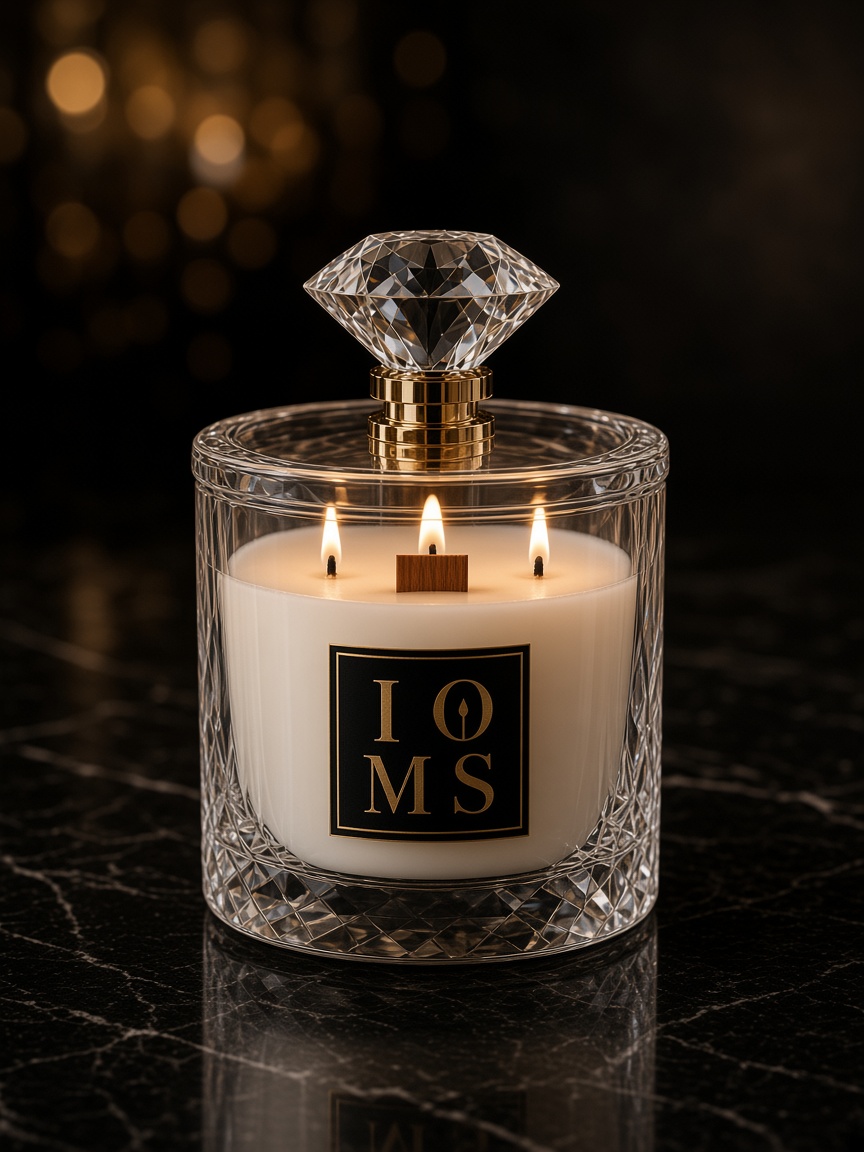 Diamond Cut small clear crystal candle with faceted base, thick wooden wick, square IOMS mark, and brilliant-cut topper on a raised gold stem.