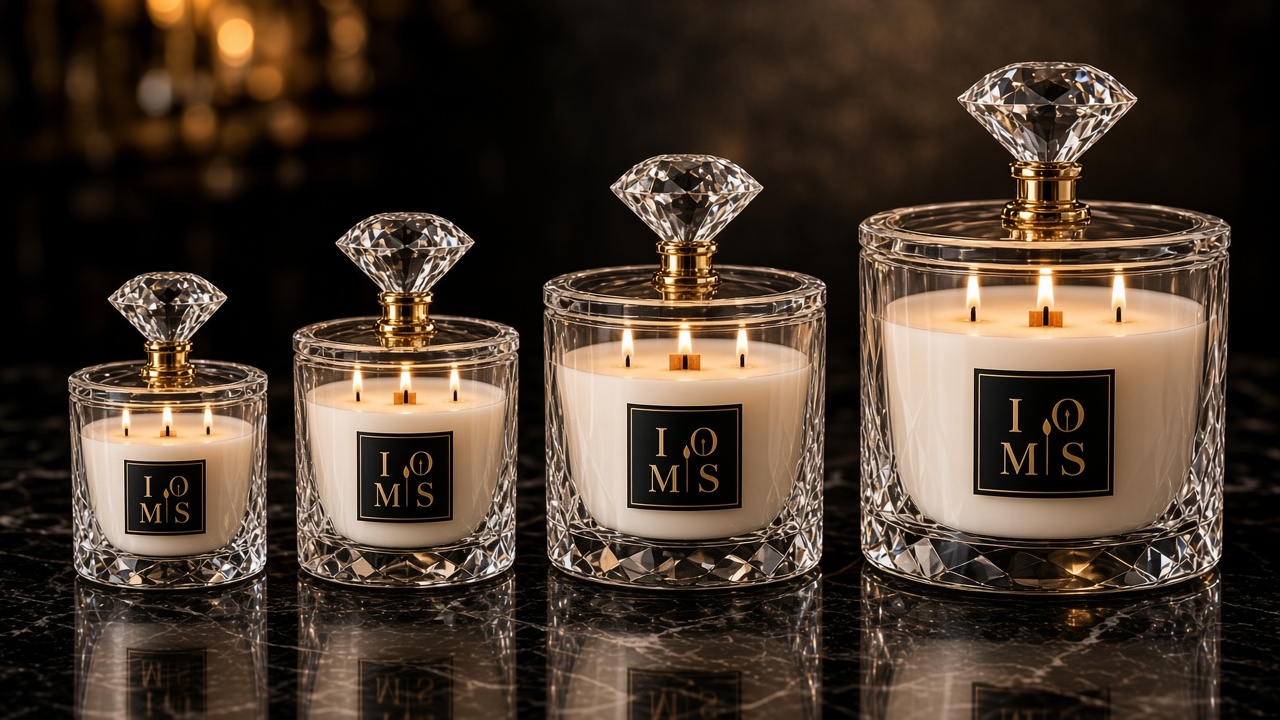The Diamond Cut collection — four clear crystal candles with faceted bases, wooden wicks, and crystal diamond toppers on raised gold stems.