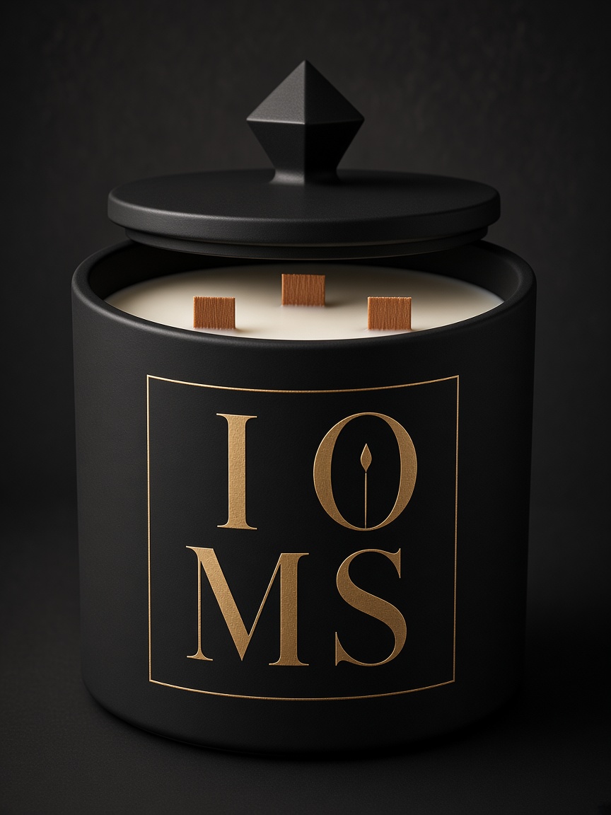 Signature Collection Grande three thick wooden-wick matte black candle with black crystal topper seated on the rim.