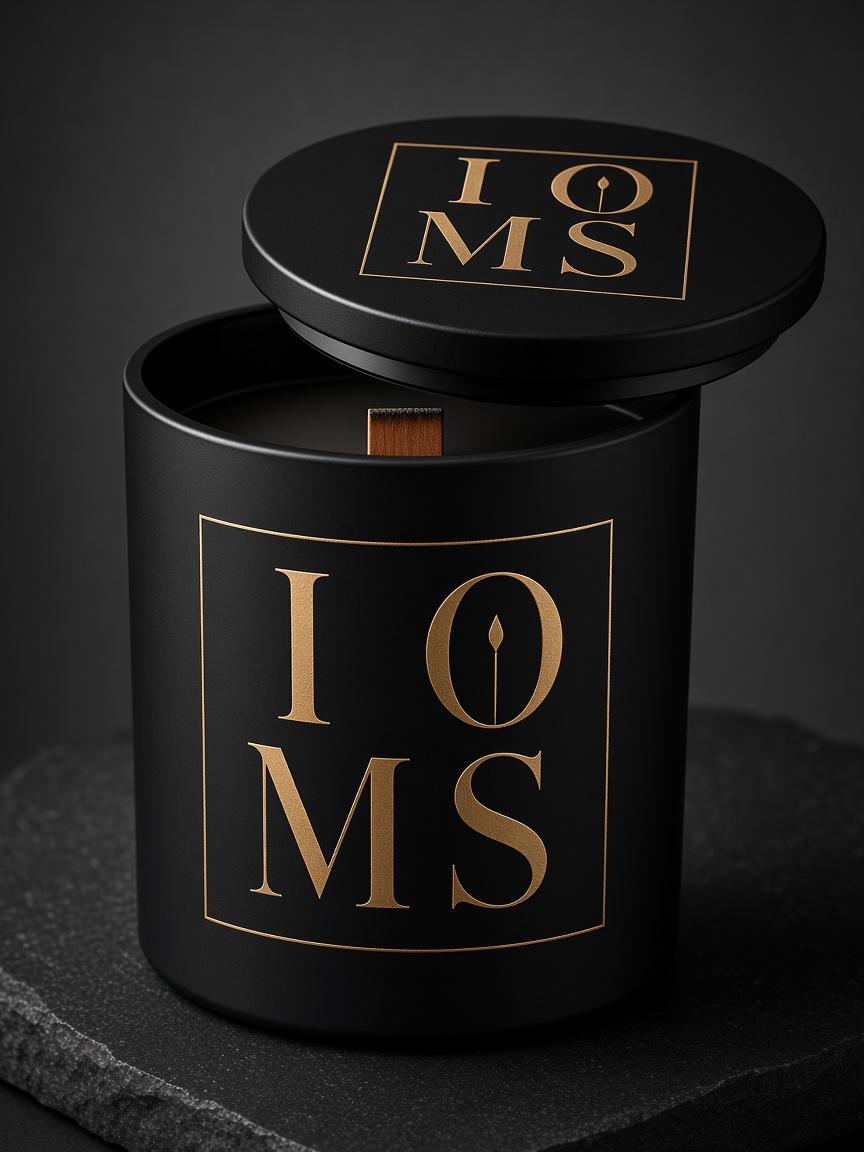 Signature Collection large matte black candle with black crystal topper seated on the rim and a thick wooden wick.