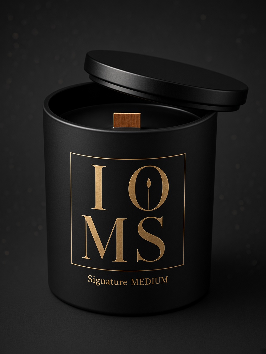 Signature Collection medium matte black candle, thick wooden wick lit, black faceted topper seated on the rim.