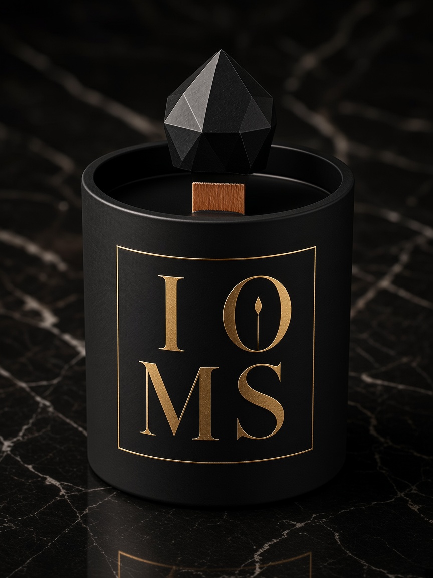 Signature Collection small matte black candle with black crystal topper seated on the rim, gold IOMS mark, and a thick wooden wick.