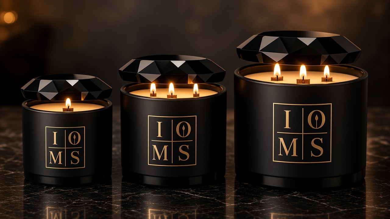 The Signature Collection — four matte black candles with matching black diamond lids, thick wooden wicks, and the gold IOMS house mark.